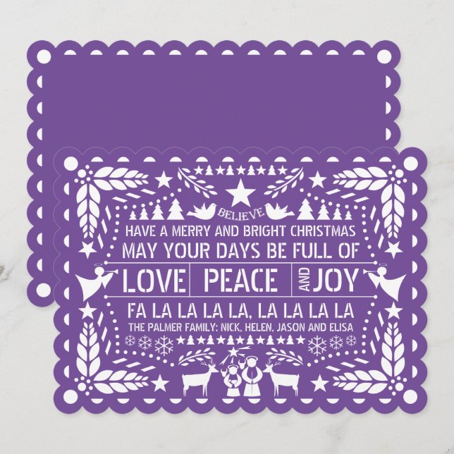 Tarjeta Festiva Purple Love Peace Joy papel de Navidades de picado (Anverso / Reverso)
