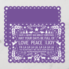 Tarjeta Festiva Purple Love Peace Joy papel de Navidades de picado