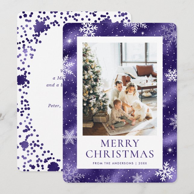 Tarjeta Festiva Purple Merry Christmas Snowflake Snow Photo (Anverso / Reverso)