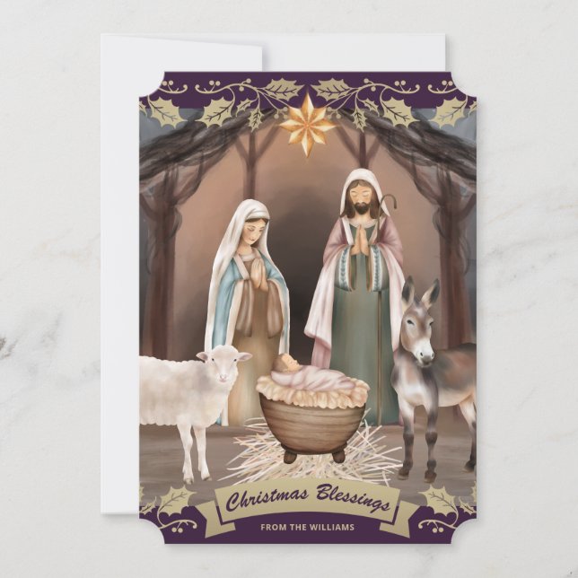 Tarjeta Festiva Purple Nativity Scene Christian Christmas (Anverso)
