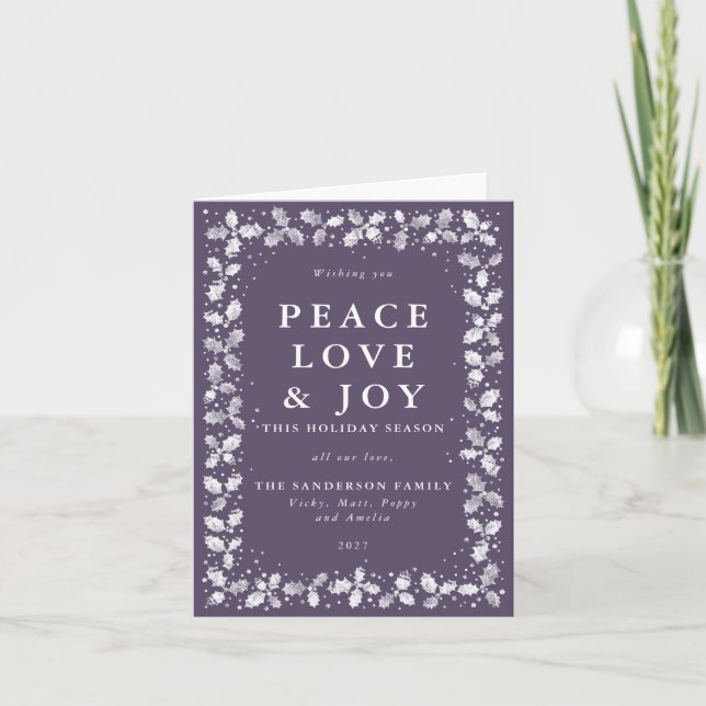 Tarjeta Festiva Purple Peace Love & Joy Hand Printly (Anverso)
