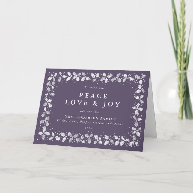 Tarjeta Festiva Purple Peace Love & Joy Printed Holly Non Photo (Anverso)