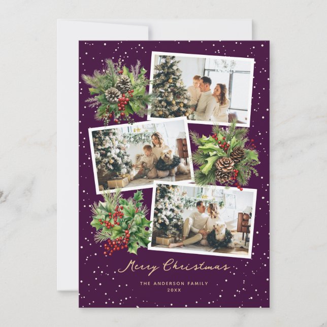 Tarjeta Festiva Purple Pine Cones Holly Photo Merry Christmas Card (Anverso)