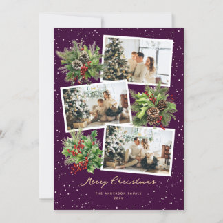Tarjeta Festiva Purple Pine Cones Holly Photo Merry Christmas Card