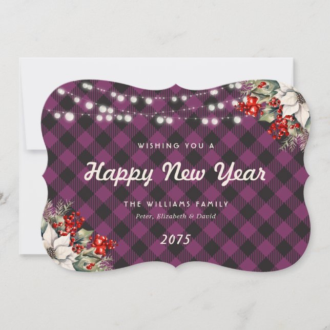 Tarjeta Festiva Purple Plaid Botanical String Lights New Year Card (Anverso)