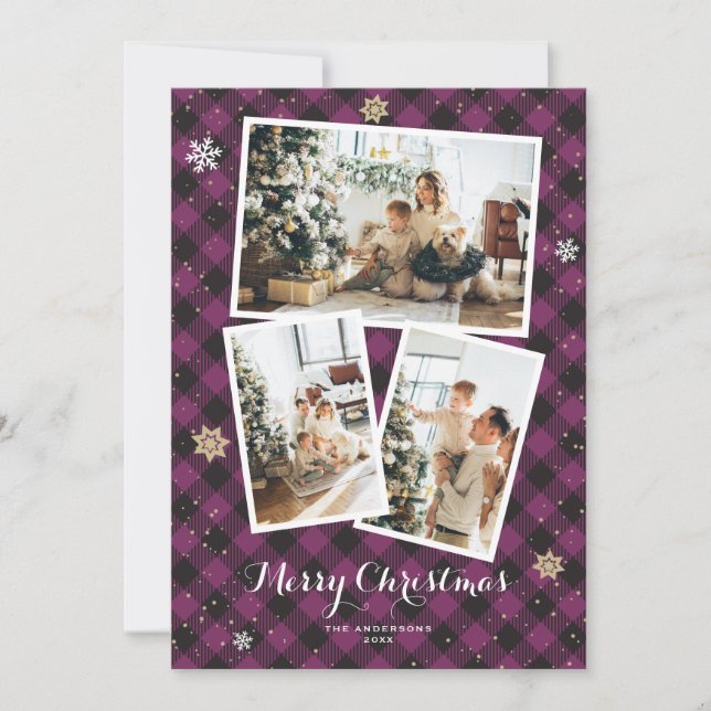 Tarjeta Festiva Purple Plaid Collage de fotos Merry Christmas Card (Anverso)