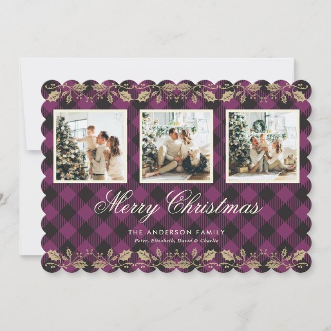 Tarjeta Festiva Purple Plaid Gold Holly Photo Merry Christmas Card (Anverso)