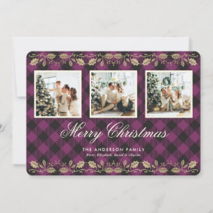 Tarjeta Festiva Purple Plaid Gold Holly Photo Merry Christmas Card