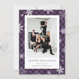 Tarjeta Festiva Purple Plaid Snowflake Photo Corporate Business