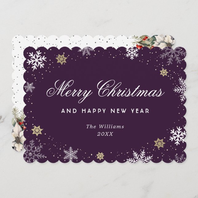 Tarjeta Festiva Purple Snowflake Watercolor Botanical  (Anverso / Reverso)