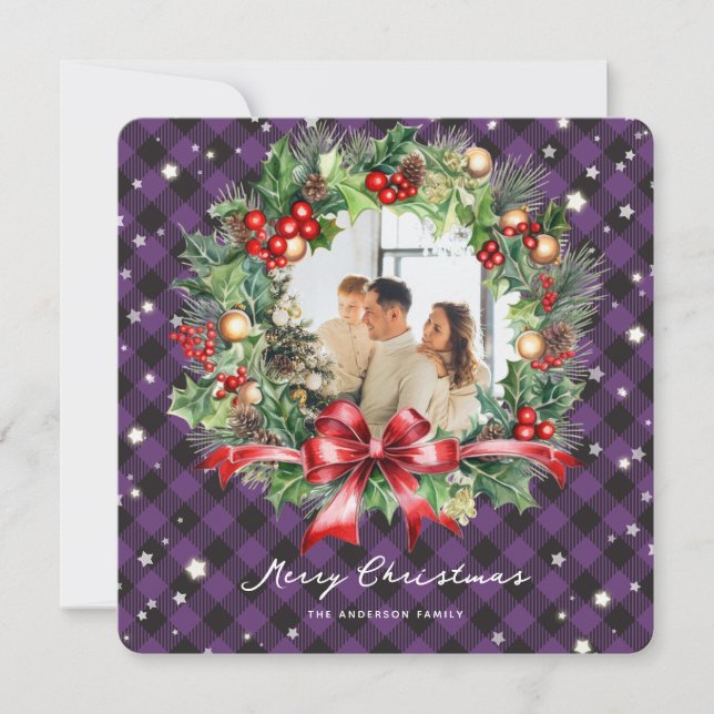 Tarjeta Festiva Púrpura Plaid Wreath Photo Merry Christmas Card (Anverso)