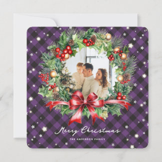 Tarjeta Festiva Púrpura Plaid Wreath Photo Merry Christmas Card