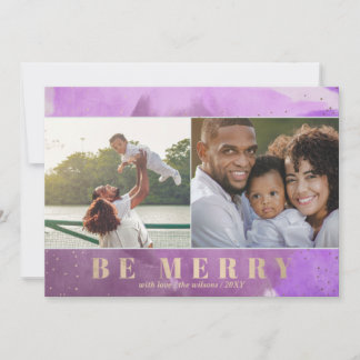 Tarjeta Festiva Púrpura y dorado Be Merry Resumen de múltiples fot
