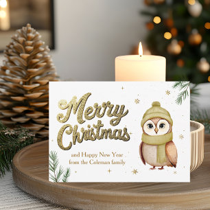 Tarjeta Festiva Purpurina Cute Gold Merry Christmas Owl