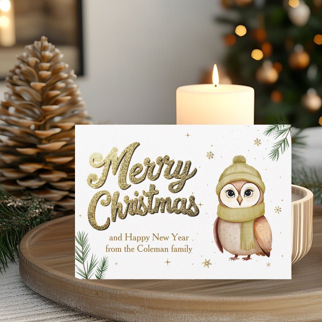 Tarjeta Festiva Purpurina Cute Gold Merry Christmas Owl (Subido por el creador)