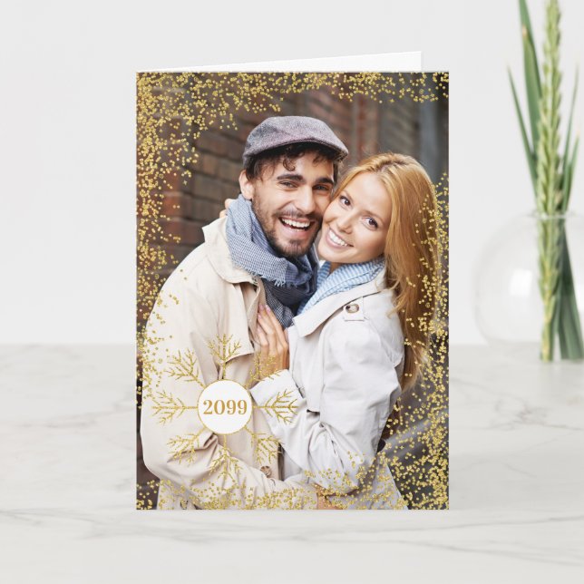 Tarjeta Festiva Purpurina de Faux de Oro y Navidades copos de niev (Anverso)