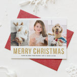 Tarjeta Festiva Purpurina de Faux Gold Tres Navidades Collages de<br><div class="desc">Feliz Navidad | Se propaga la alegría de las vacaciones con una pequeña y elegante tarjeta multifoto de vacaciones. Esta moderna tarjeta de Navidades presenta una tipografía moderna de falsos purpurinas de oro con tres collage de fotos. Personalice agregando sus detalles. Esta tarjeta de Navidades de collage de fotos de...</div>