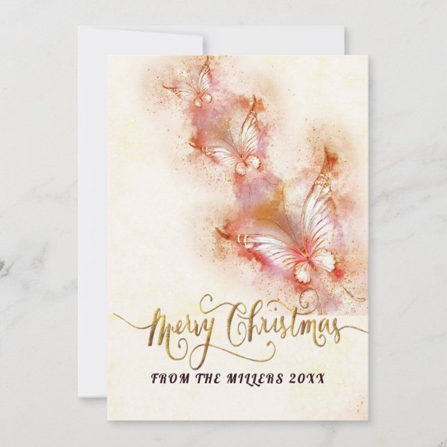 Tarjeta Festiva Purpurina de Navidades de mariposas rosadas (Anverso)