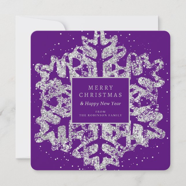 Tarjeta Festiva Purpurina de Navidades de plata familia Snowflake  (Anverso)