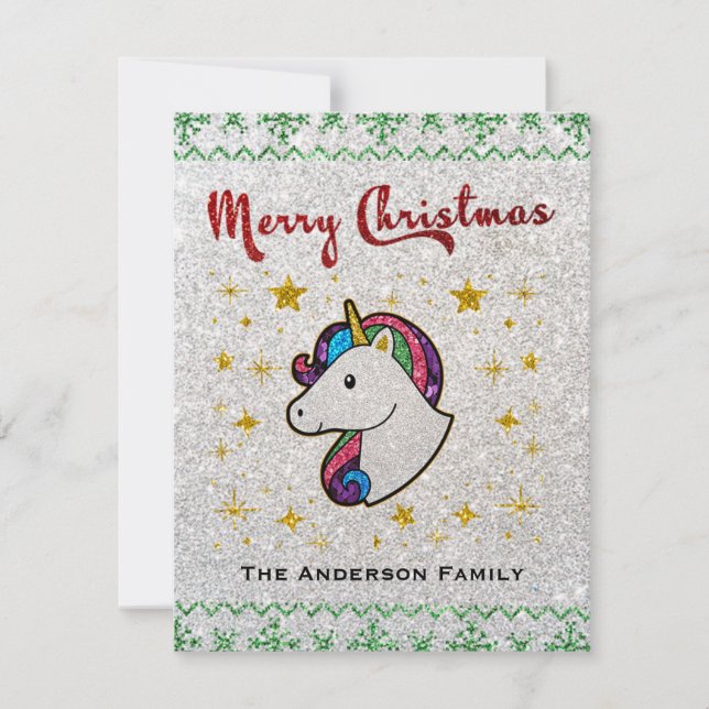 Tarjeta Festiva Purpurina de Navidades magos de unicornio (Anverso)