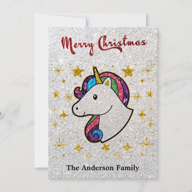Tarjeta Festiva Purpurina de Navidades magos de unicornio (Anverso)
