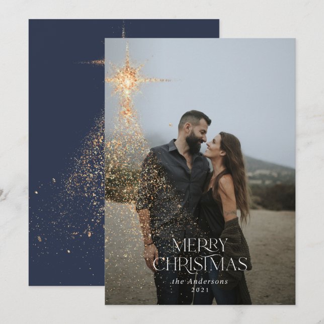 Tarjeta Festiva Purpurina de oro brillan azul Navidades modernos v (Anverso / Reverso)