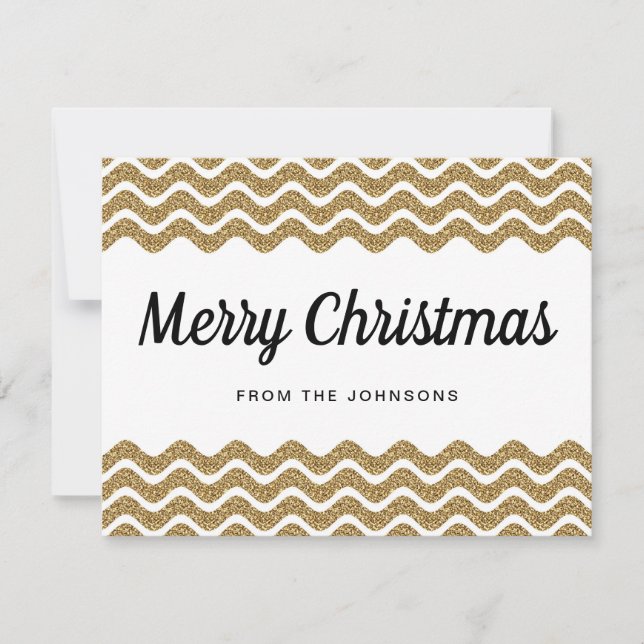 Tarjeta Festiva Purpurina de oro Chevron Blanco tiras Feliz Navida (Anverso)
