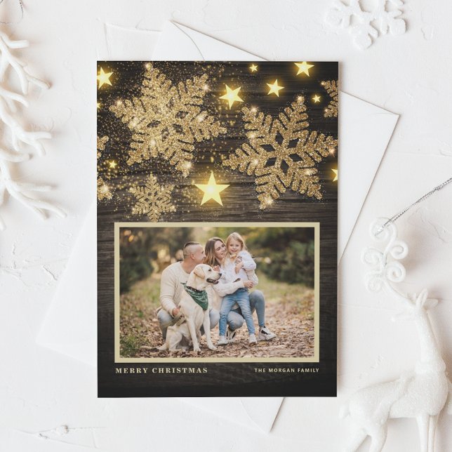 Tarjeta Festiva Purpurina de oro de Faux Wood Snowflakes Photo Nav (Subido por el creador)
