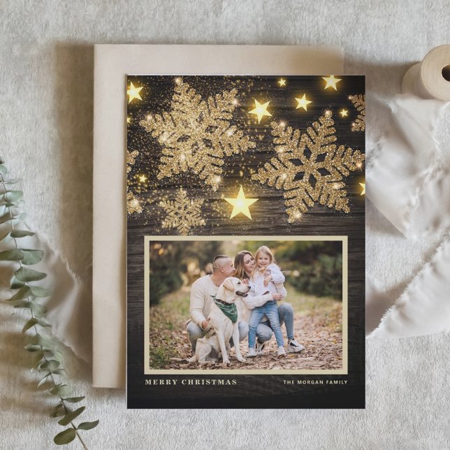 Tarjeta Festiva Purpurina de oro de Faux Wood Snowflakes Photo Nav (Subido por el creador)