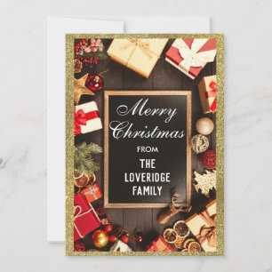 Tarjeta Festiva Purpurina de oro de feriado navideño festivo