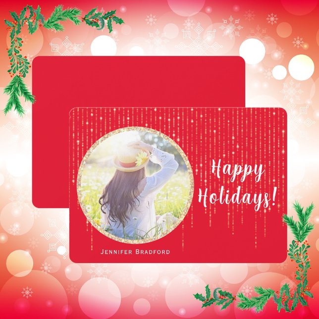 Tarjeta Festiva Purpurina de oro de fotos únicas Red Happy Holiday (Happy Holidays Single Photo Red Holiday Card)