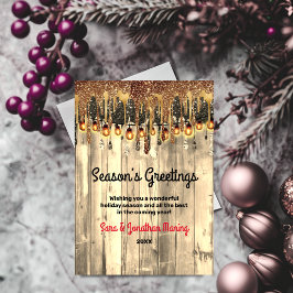 Tarjeta Festiva Purpurina de oro de Rustic Country gotea Navidades