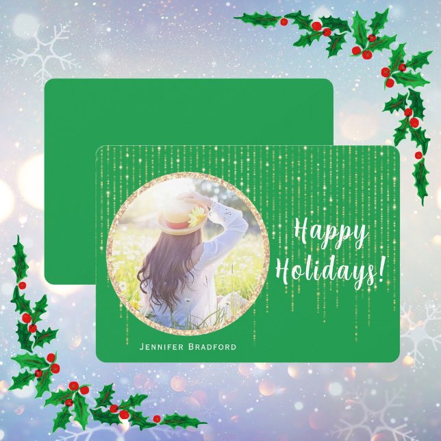Tarjeta Festiva Purpurina de oro de vacaciones felices de verde fo (Happy Holidays Single Photo Green Holiday Card)