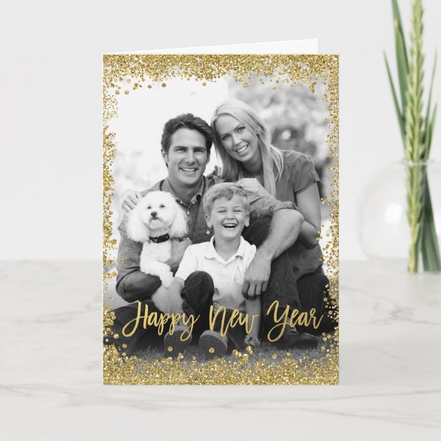 Tarjeta Festiva Purpurina de oro Frontera Feliz Año Nuevo foto (Anverso)