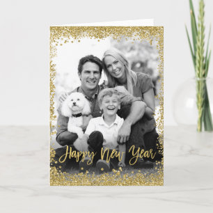 Tarjeta Festiva Purpurina de oro Frontera Feliz Año Nuevo foto