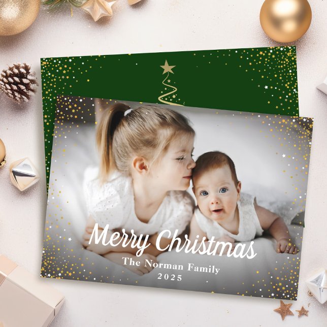 Tarjeta Festiva Purpurina de oro Green Merry Christmas Photo (Subido por el creador)