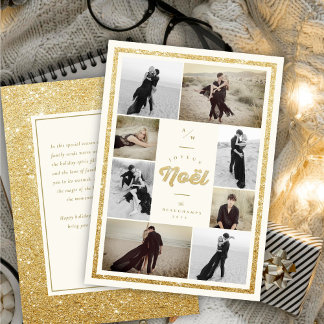 Tarjeta Festiva Purpurina de oro Joyeux Noel Navidades 8 Collage d