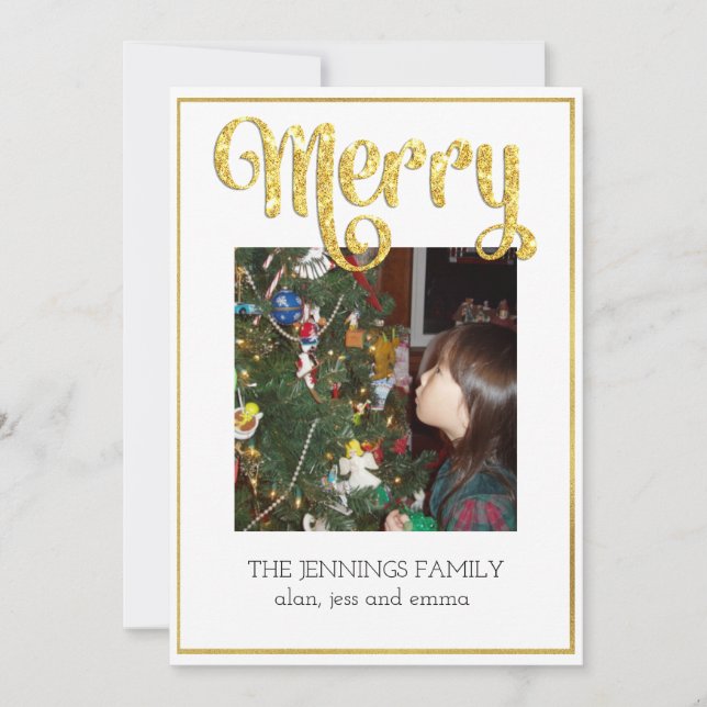 Tarjeta Festiva Purpurina de oro Merry - Navidades fotográficos Mi (Anverso)