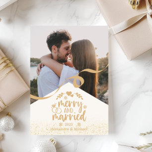Tarjeta Festiva Purpurina de oro Merry y foto casada