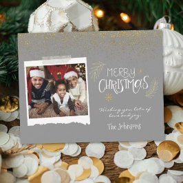 Tarjeta Festiva Purpurina de oro moderno Gray Merry Christmas Phot