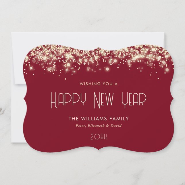 Tarjeta Festiva Purpurina de oro rojo moderno - Feliz año nuevo co (Anverso)