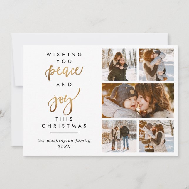 Tarjeta Festiva Purpurina de oro Script Peace & Joy Navidades 5 Fo (Anverso)