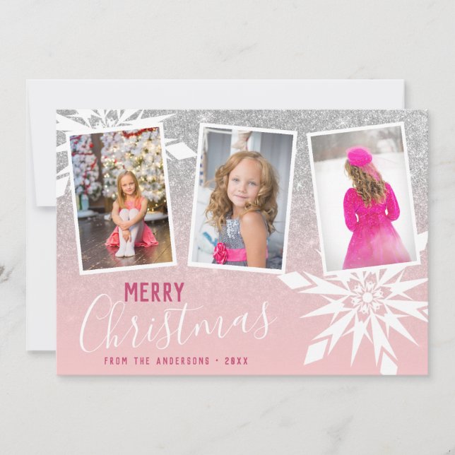 Tarjeta Festiva Purpurina de plata, foto de Personalizado navideño (Anverso)