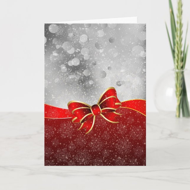 Tarjeta Festiva Purpurina De Plata Y Navidades Rojos Parkles Bow (Anverso)