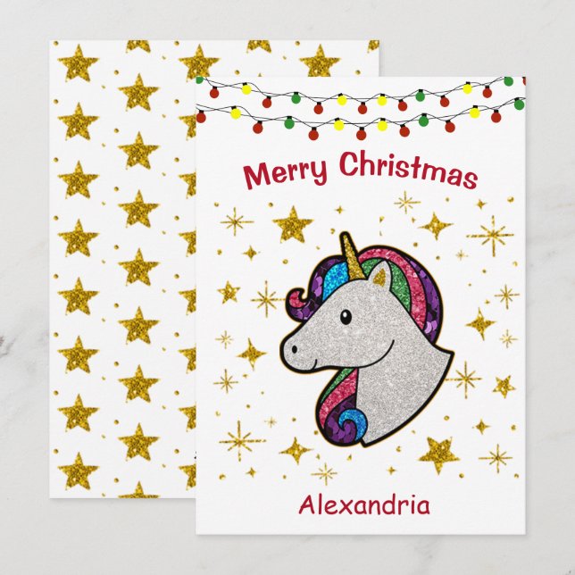 Tarjeta Festiva Purpurina de unicornio mágico de navidades (Anverso / Reverso)
