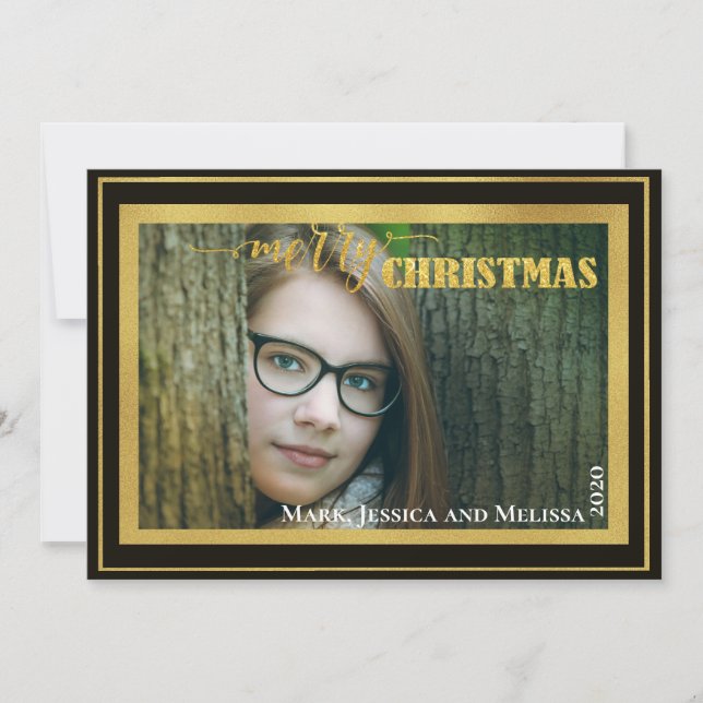 Tarjeta Festiva Purpurina Dorada ~ Foto Personalizada Feliz Navida (Anverso)