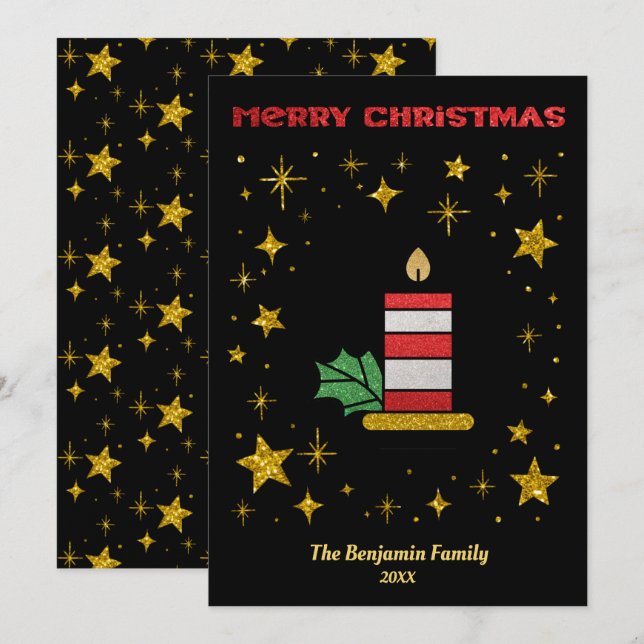 Tarjeta Festiva Purpurina elegante de las velas navideñas de Feliz (Anverso / Reverso)
