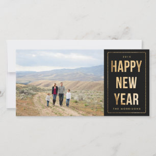 Tarjeta Festiva Purpurina falso de Año Nuevo Feliz de Oro en negro