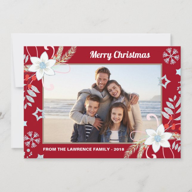 Tarjeta Festiva Purpurina floral Snowflakes Navidades rojos Foto (Anverso)