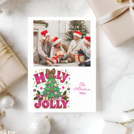 Tarjeta Festiva Purpurina fotográfico Leopard Bow Holly Jolly